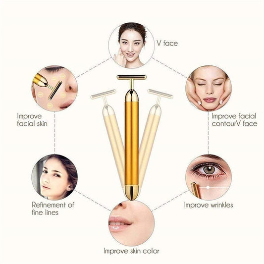 24K face roller, electric facial massager, beauty bar, anti-aging tool, wrinkle remover, skin tightening, gold face roller, T-shape massager, facial vibration tool, waterproof face roller, V-shape sculpting bar, skincare device
