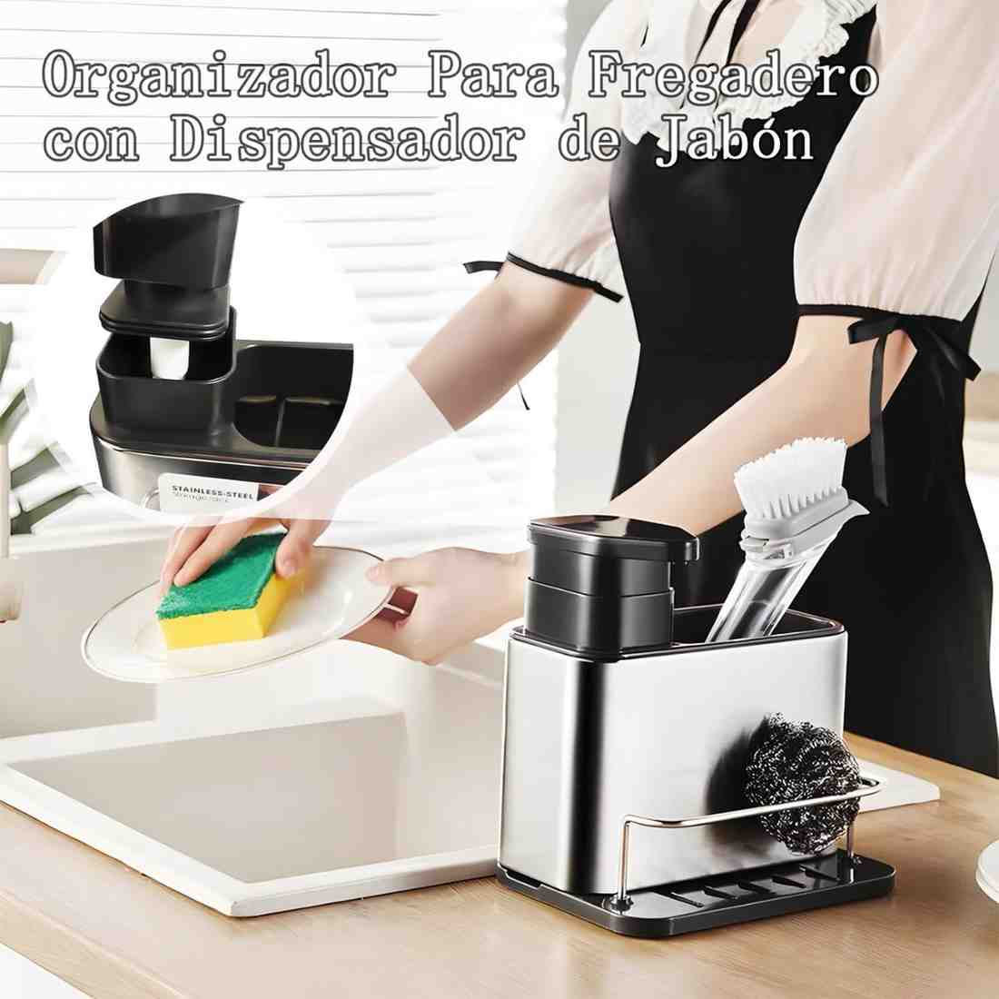 Dishwasher organizer with soap dispenser on a kitchen counter