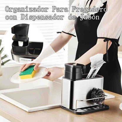 Dishwasher organizer with soap dispenser on a kitchen counter