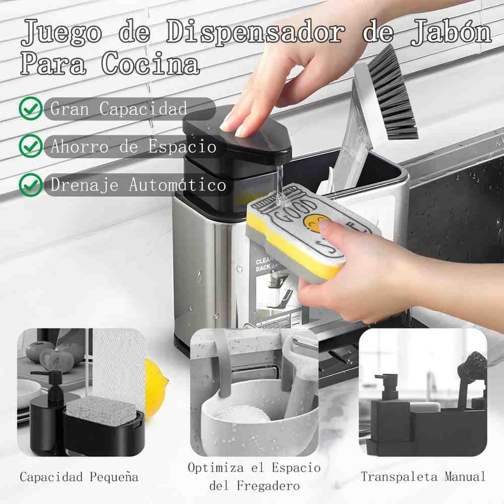 Kitchen soap dispenser with cleaning brush and text in Spanish about its features.