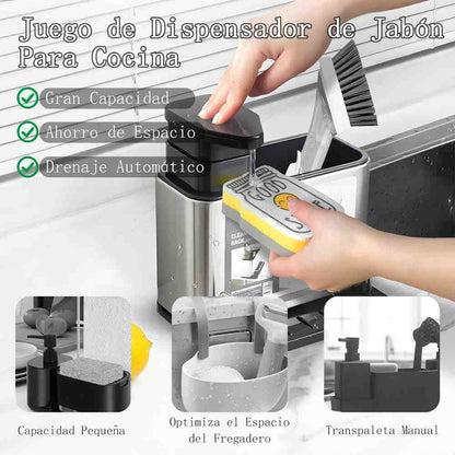 Kitchen soap dispenser with cleaning brush and text in Spanish about its features.