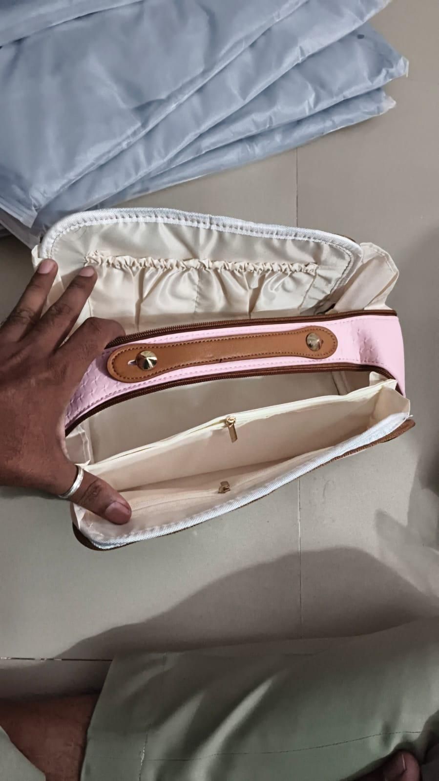 double zipper cosmetics bag, makeup organizer, woven travel bag, large capacity makeup pouch, travel cosmetics storage, beauty essentials bag