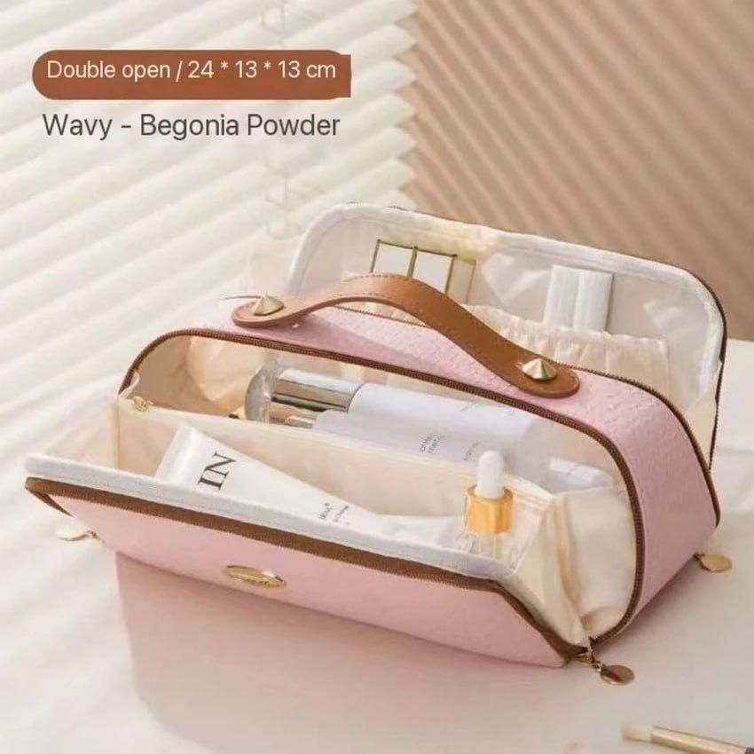 double zipper cosmetics bag, makeup organizer, woven travel bag, large capacity makeup pouch, travel cosmetics storage, beauty essentials bag